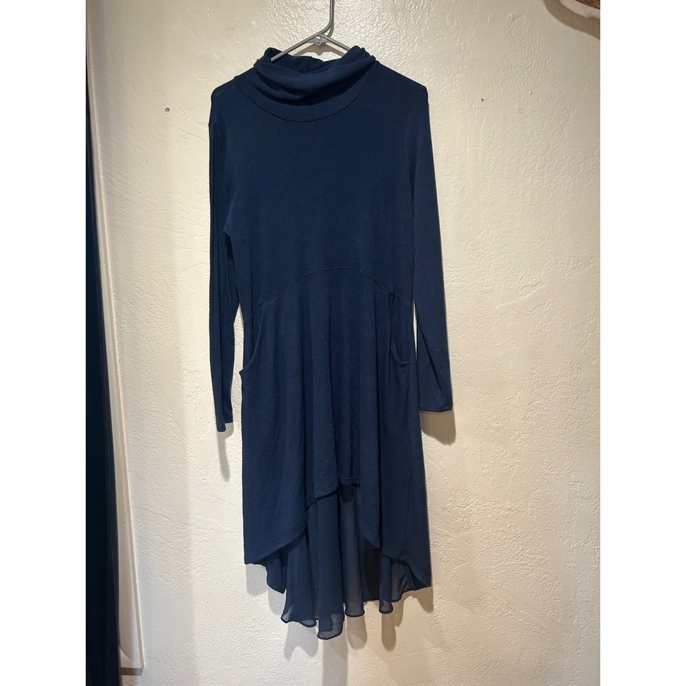 Soft Surroundings Navy Blue Funnel Neck High-Low Button Back Pocket Dress Small